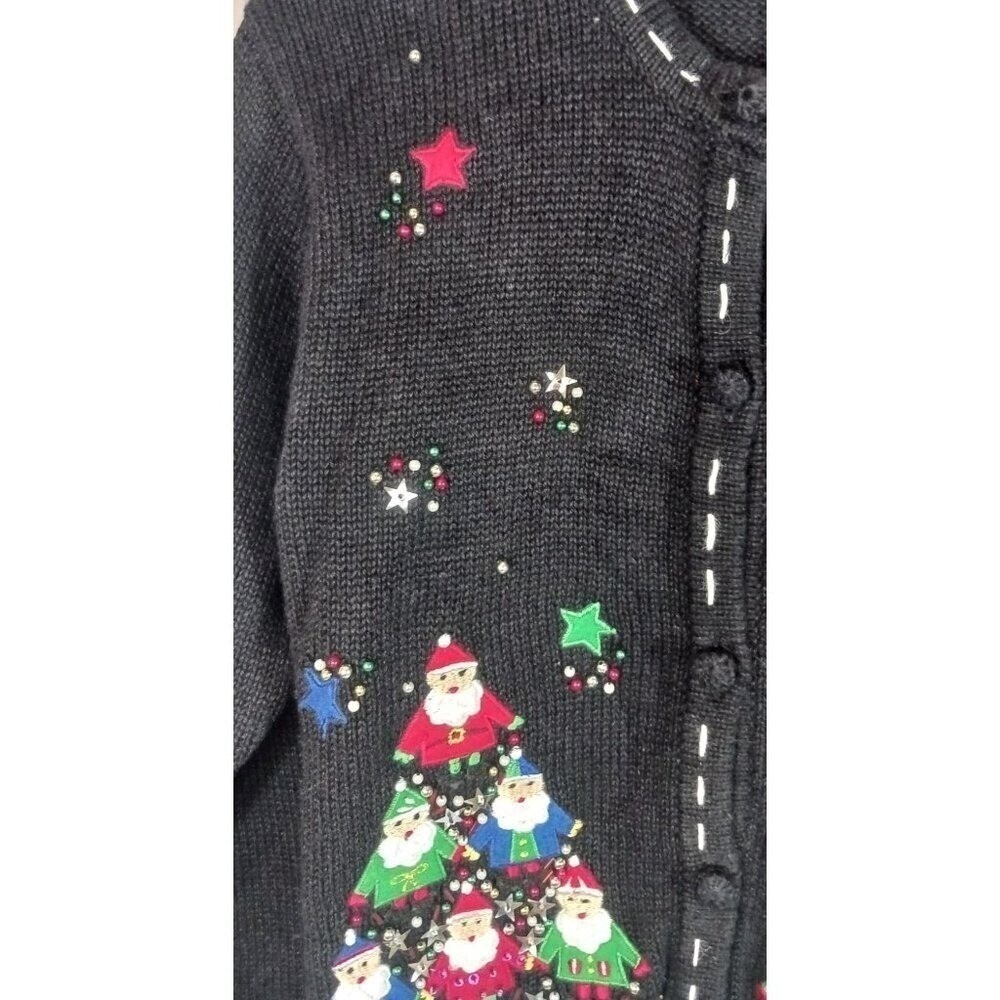 Girls Medium Ugly Christmas Sweater Cardigan Beaded Sequin Santa Holiday - Picture 3 of 5